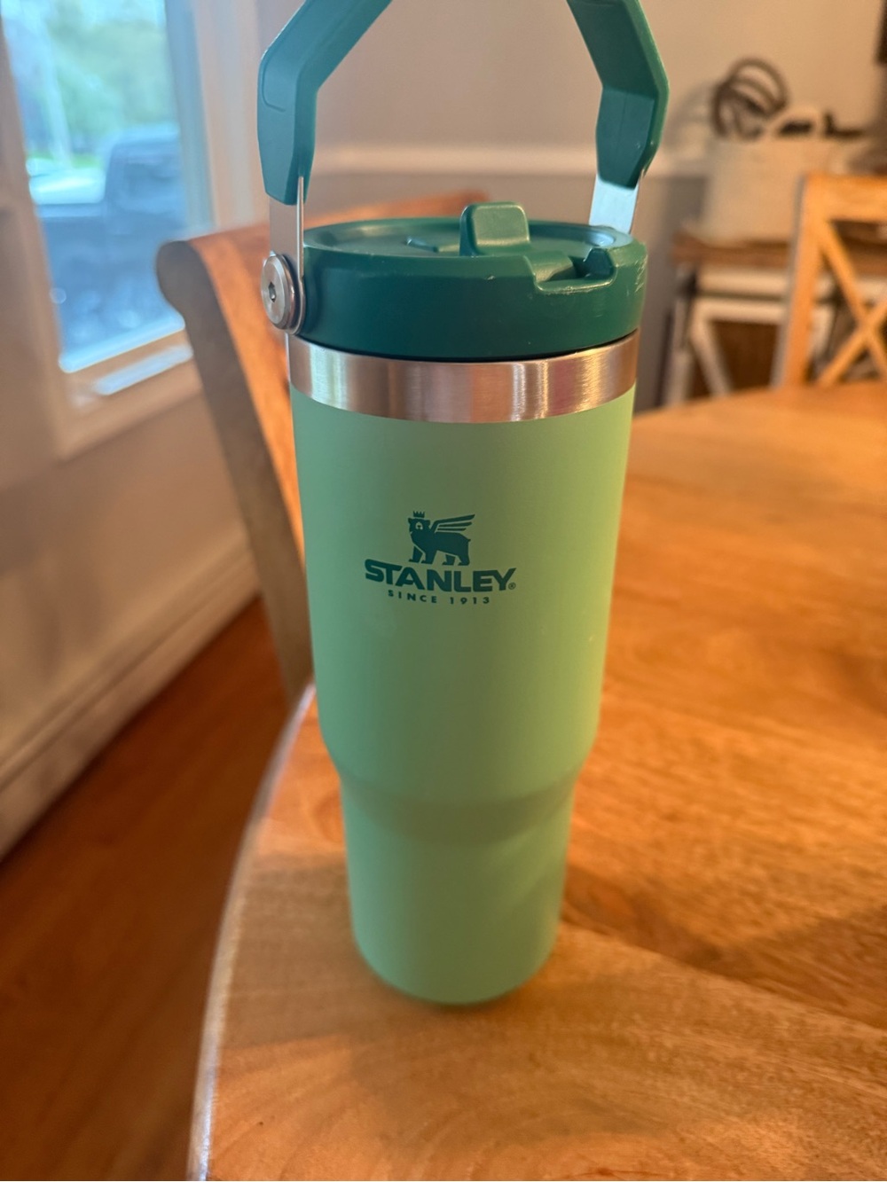 Stanley Green Travel Tumbler with Teal Handle